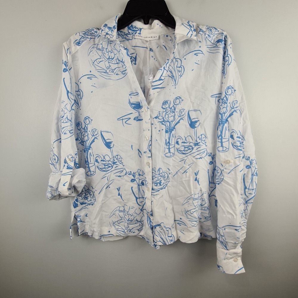 Jane + Delancey White Blue Wine Glass Floral Graphic Button Down Shirt Small NEW